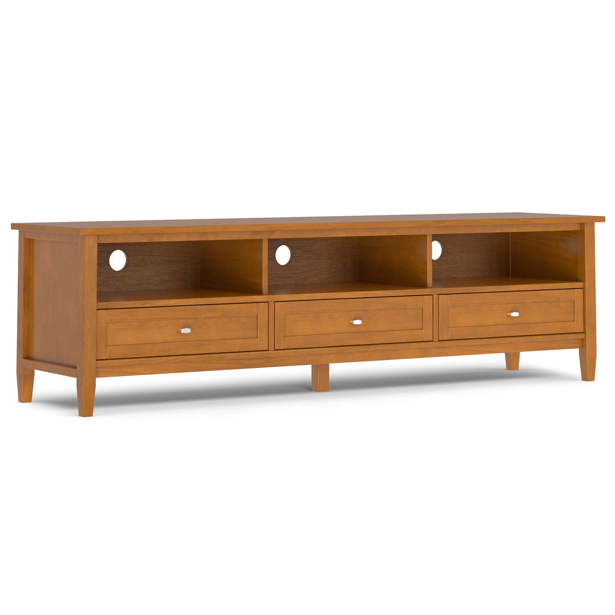 Shaker-style TV stand and solid wood media console in oak with open cubbies and drawers on Tampa Home & Garden Store