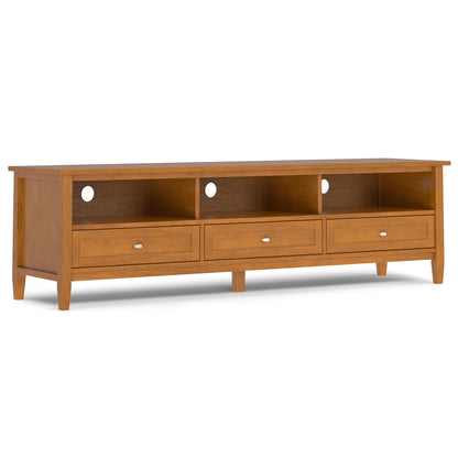 Shaker-style TV stand and solid wood media console in oak with open cubbies and drawers on Tampa Home & Garden Store