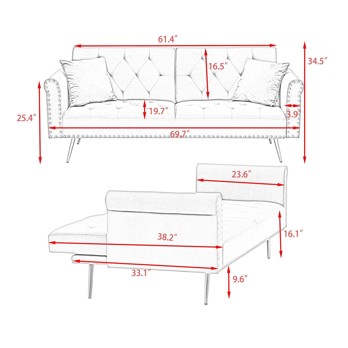 Luxurious sofa bed futon with nailhead trim and matching pillow in light gray tufted fabric on Tampa Home & Garden Store