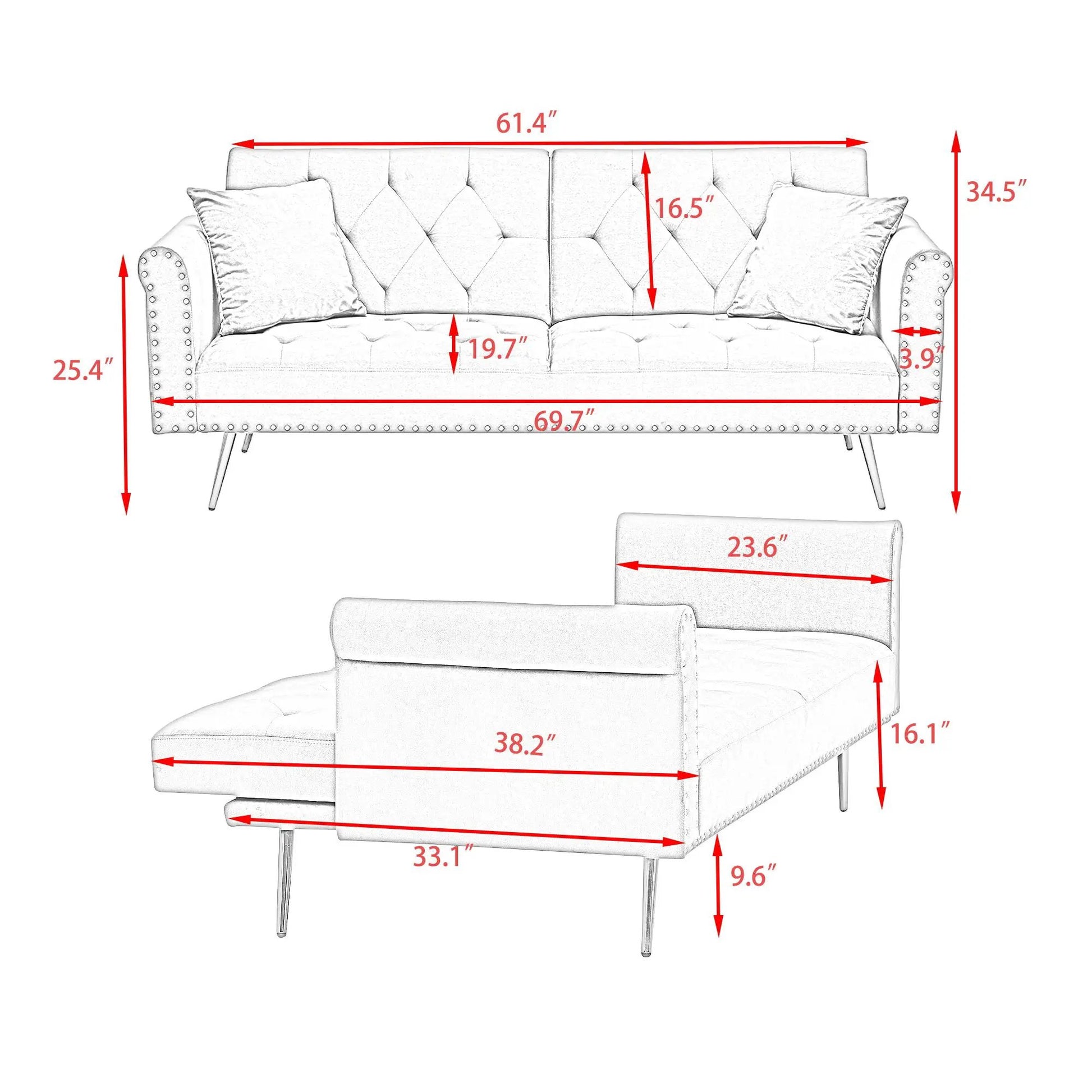 Luxurious sofa bed futon with nailhead trim and matching pillow in light gray tufted fabric on Tampa Home & Garden Store