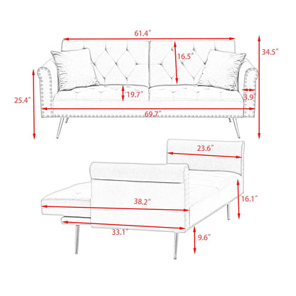 Luxurious sofa bed futon with nailhead trim and matching pillow in light gray tufted fabric on Tampa Home & Garden Store