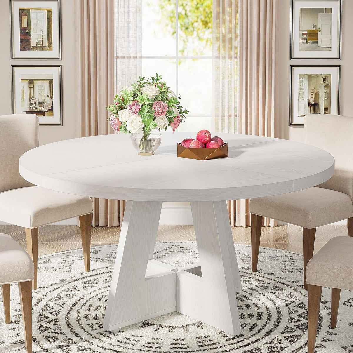 Round Dining Cross Base Kitchen Table in white wood by HouseOfZazla on Tampa Home & Garden Store