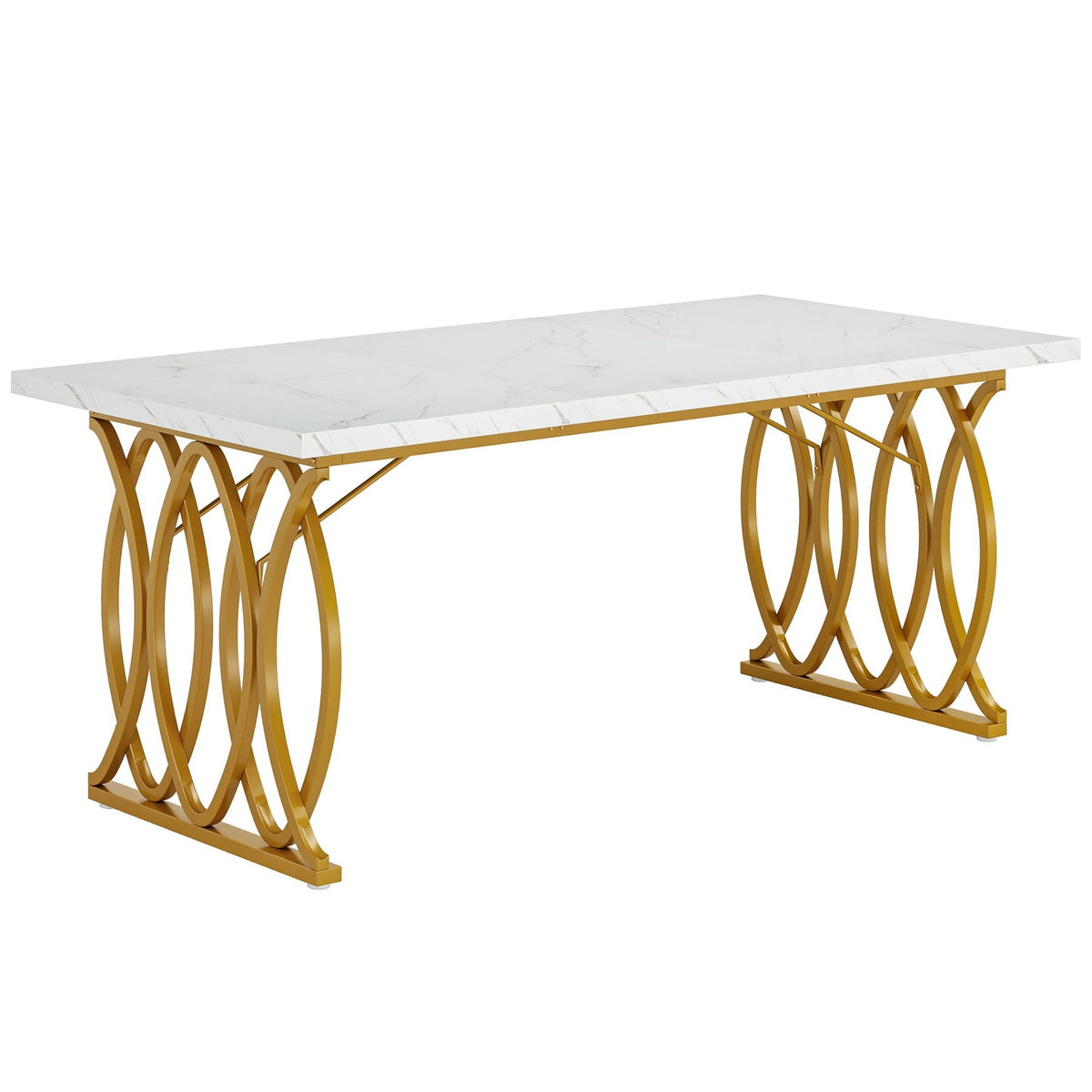 Large rectangular dining table with white marble top and gold geometric legs on Tampa Home & Garden Store