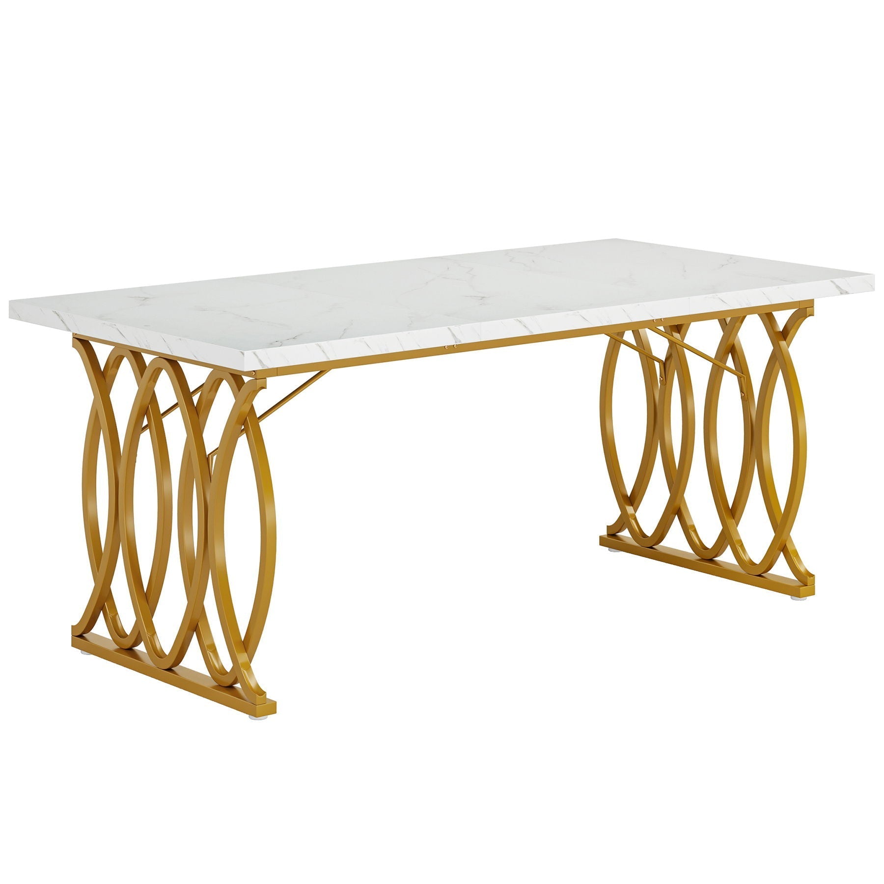 Large rectangular dining table with white marble top and gold geometric legs on Tampa Home & Garden Store