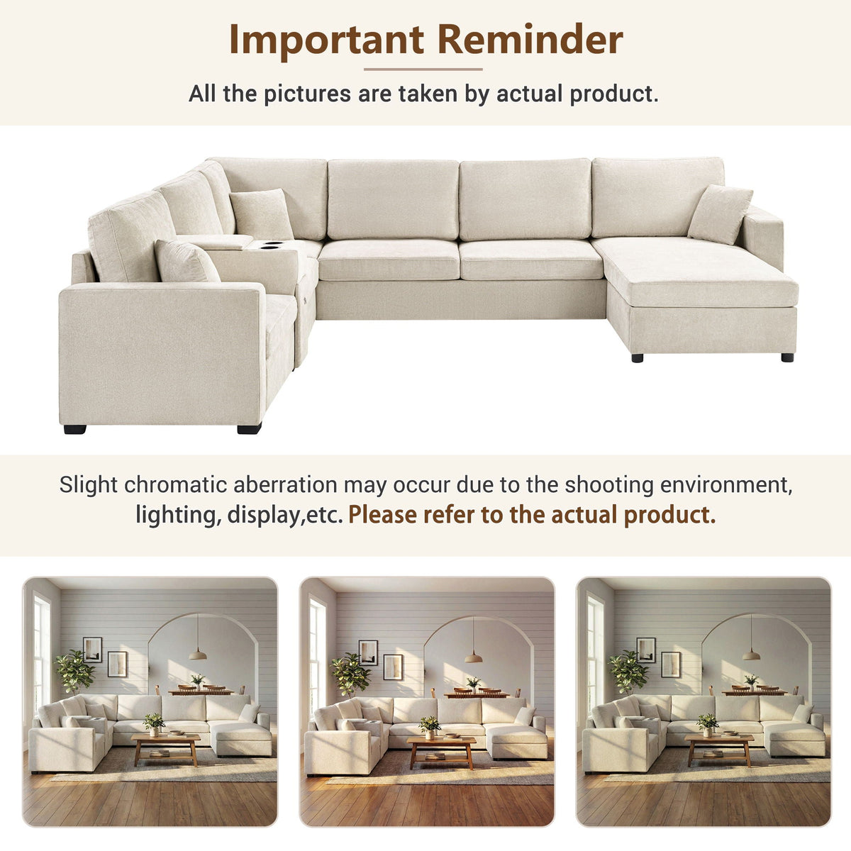 Beige modular 5-seat U-shaped sectional sofa with chaise, cup holders and storage drawer on Tampa Home & Garden Store