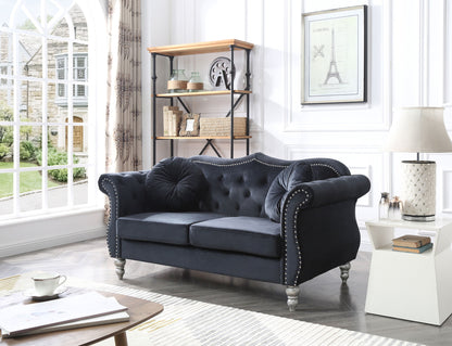 Stylish Flared Arm Loveseat in navy velvet with nailhead trim and rolled arms on Tampa Home & Garden Store