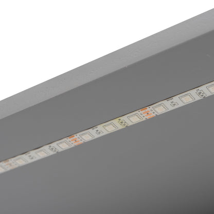 Platform bed frame with LED lighting strip along gray surface, closeup of control panel on Tampa Home & Garden Store