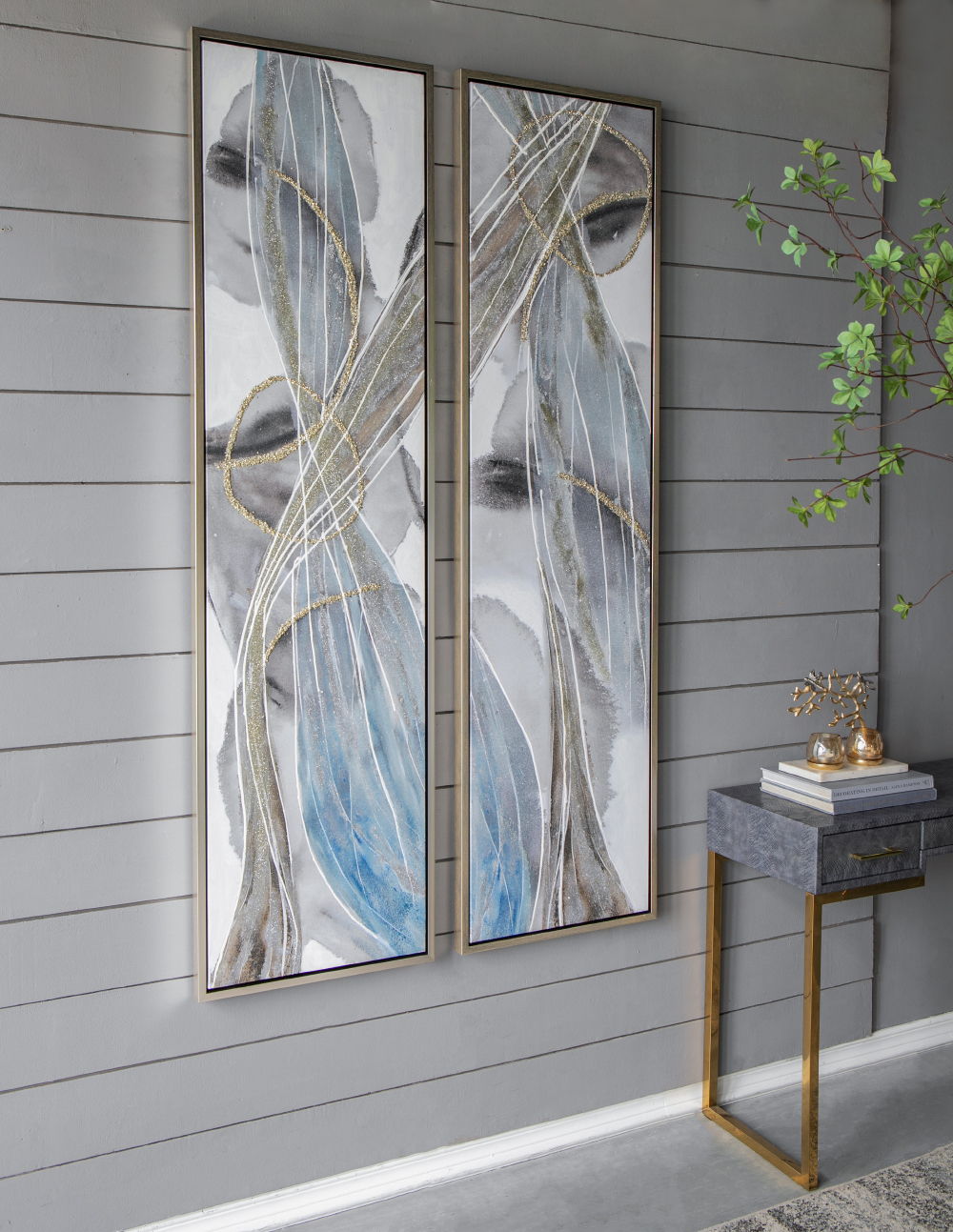 Elongated abstract oil paintings set of 2 on canvas wall art by HouseOfZazla in blue gray on Tampa Home & Garden Store