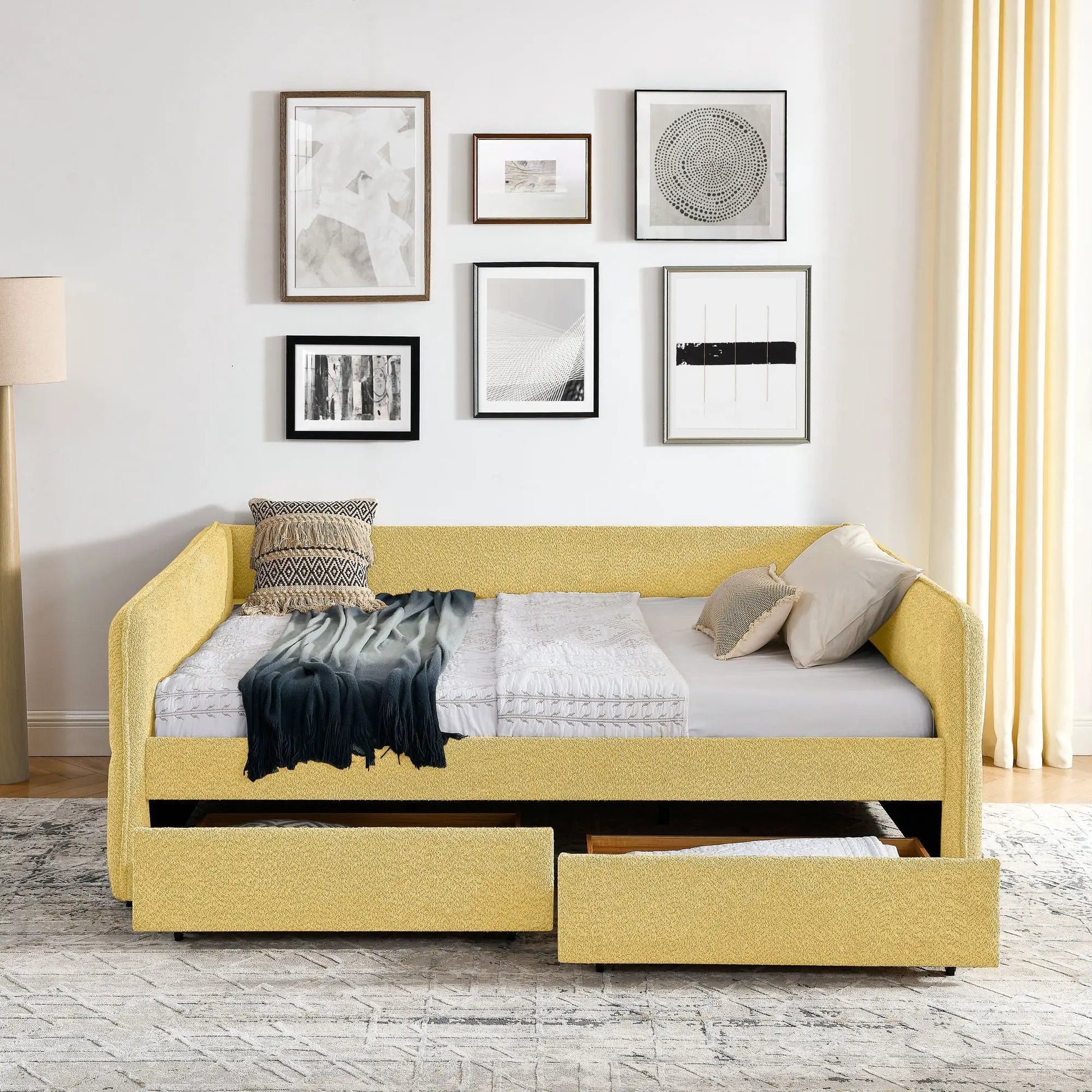 Upholstered daybed with 2 storage drawers in yellow fabric, modern living room setup on Tampa Home & Garden Store