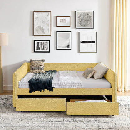 Upholstered daybed with 2 storage drawers in yellow fabric, modern living room setup on Tampa Home & Garden Store