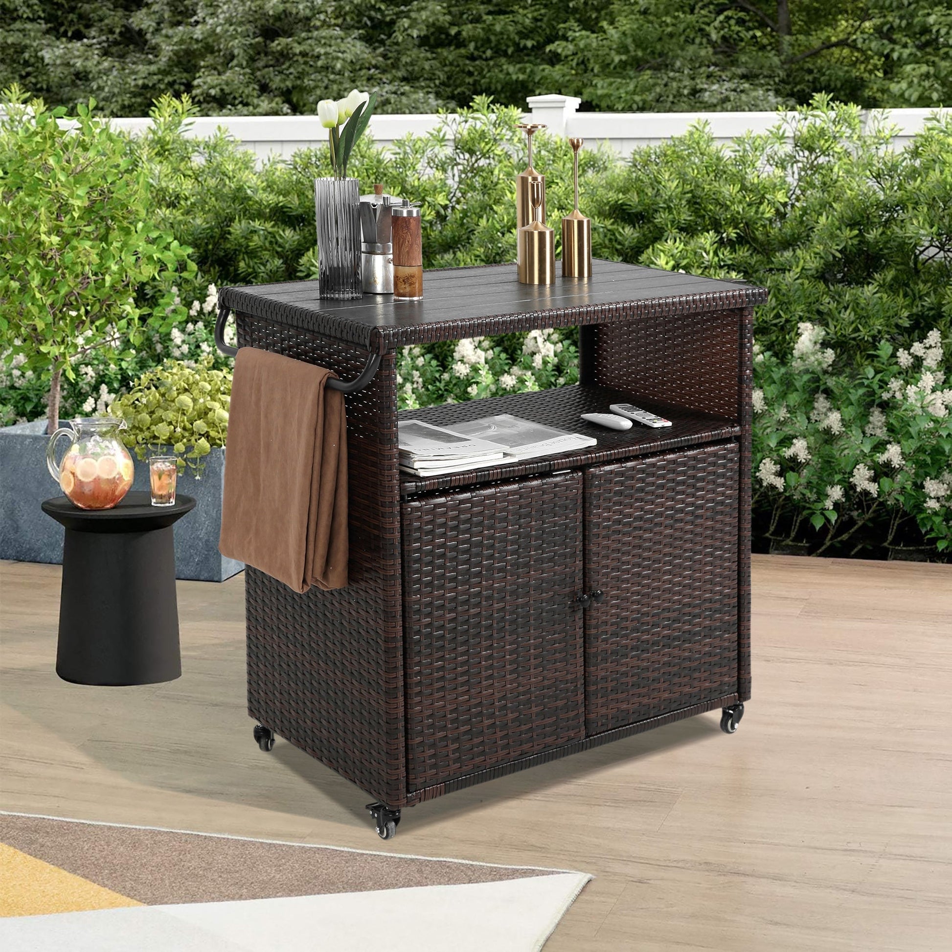 Outdoor wicker bar cart with glass top on wheels in light brown by HouseOfZazla on Tampa Home & Garden Store