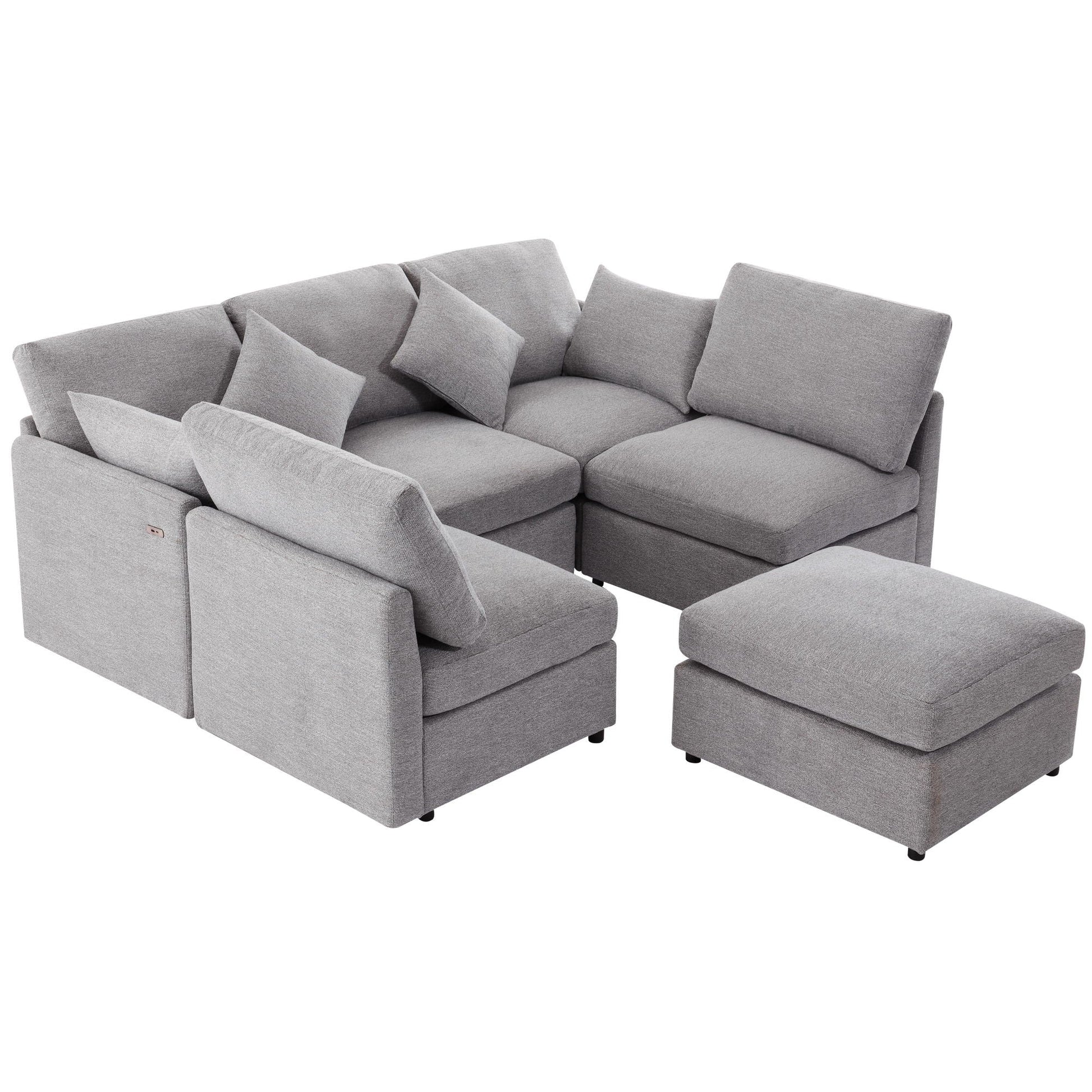 Sectional sofa modular U-shaped with ottoman and USB ports in gray fabric, 2-piece set on Tampa Home & Garden Store