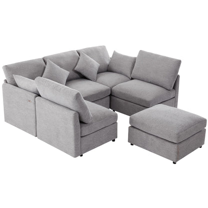 Sectional sofa modular U-shaped with ottoman and USB ports in gray fabric, 2-piece set on Tampa Home & Garden Store