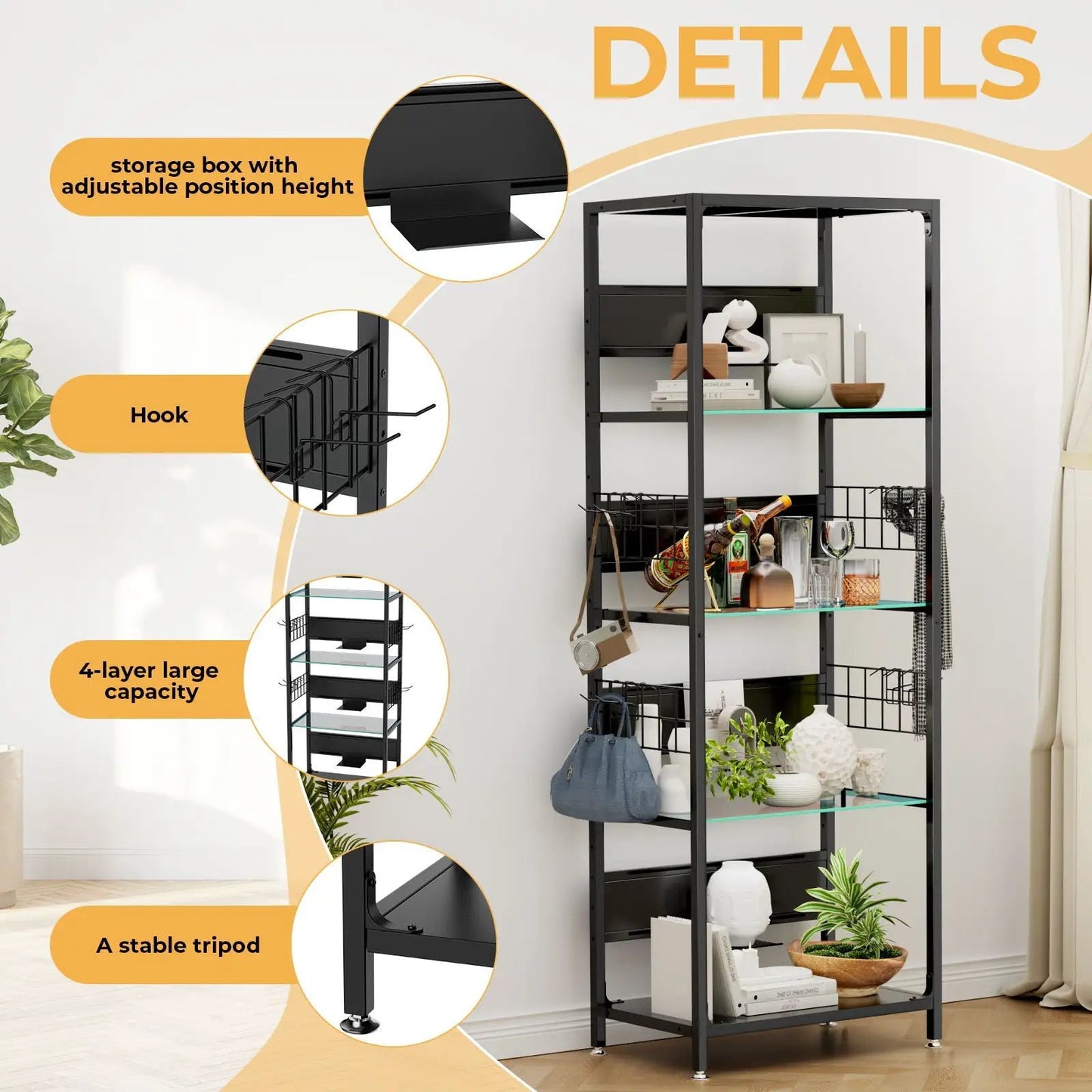 4 Tier Display Shelf RGB Lights Curio Cabinet