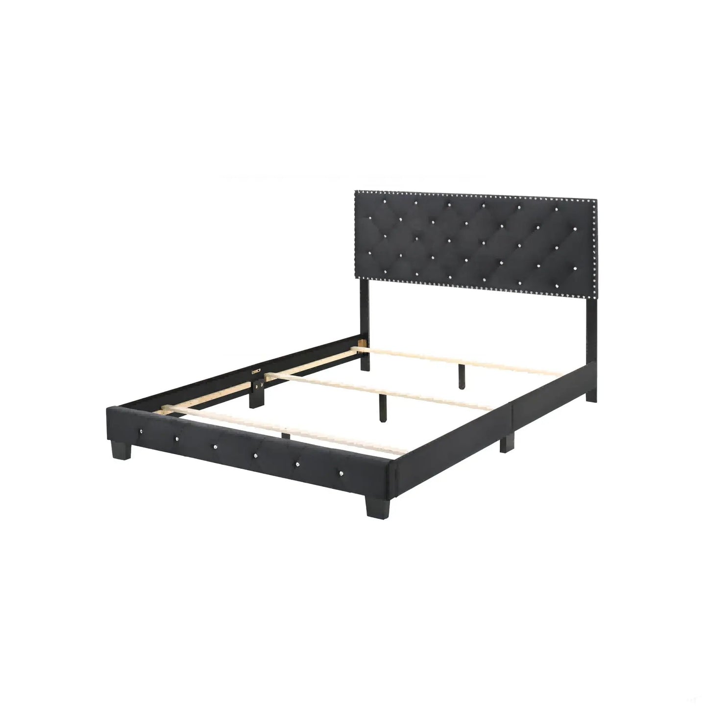 Upholstered bed by Unique Piece Furniture with black tufted headboard and nailhead trim on Tampa Home & Garden Store