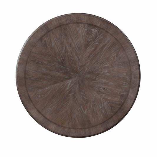 Round dining table in natural rustic wood finish with visible grain on Tampa Home & Garden Store