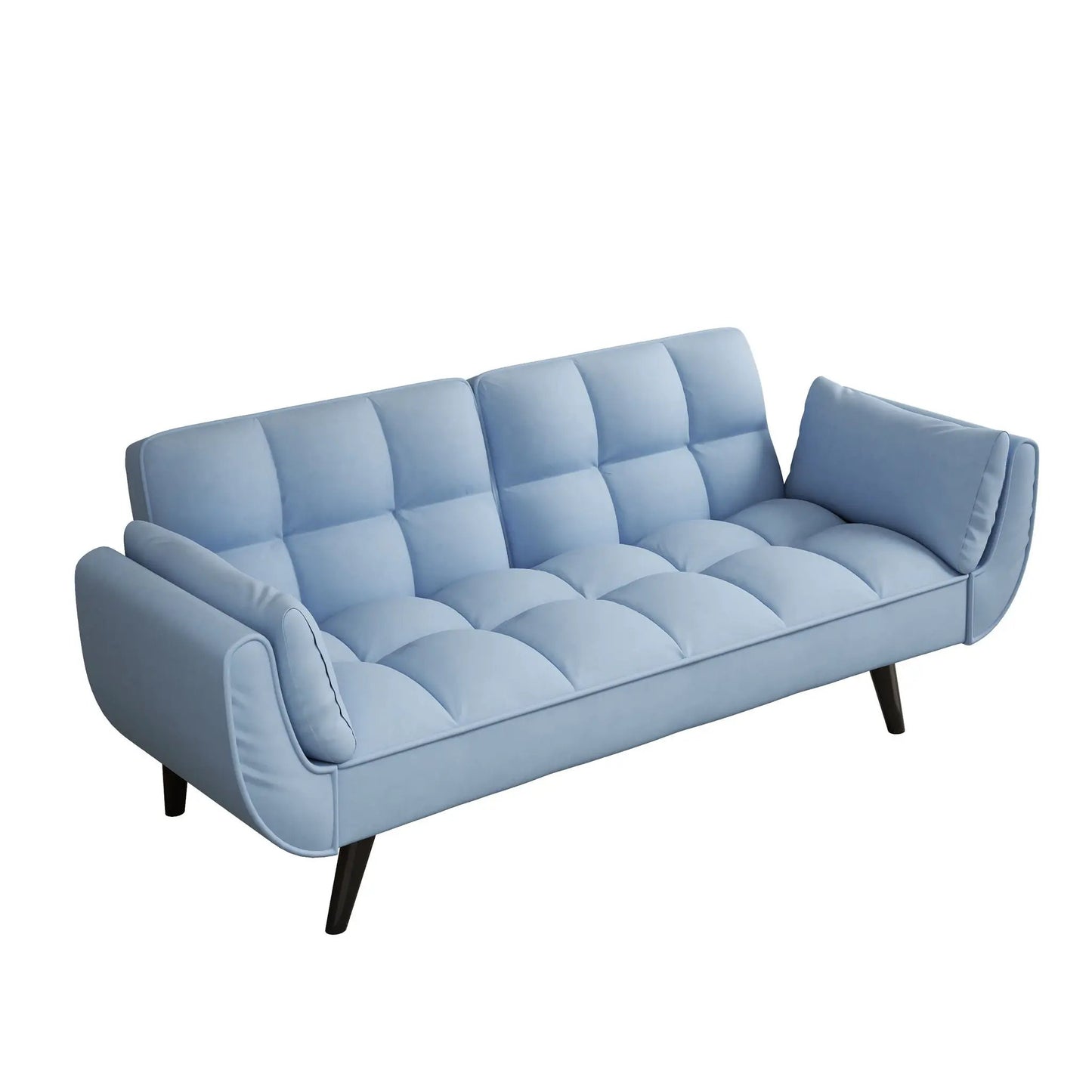 Futon sofa blue tufted with two armrests and throw pillow for small spaces on Tampa Home & Garden Store