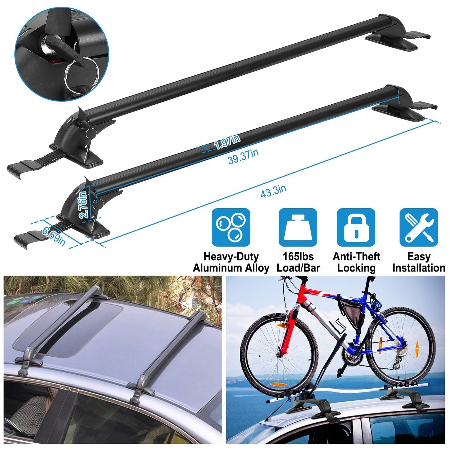 GemGear 2pc car roof rack cross bars 43in with anti-theft locks, heavy-duty aluminum alloy, adjustable clamps on Tampa Home & Garden Store