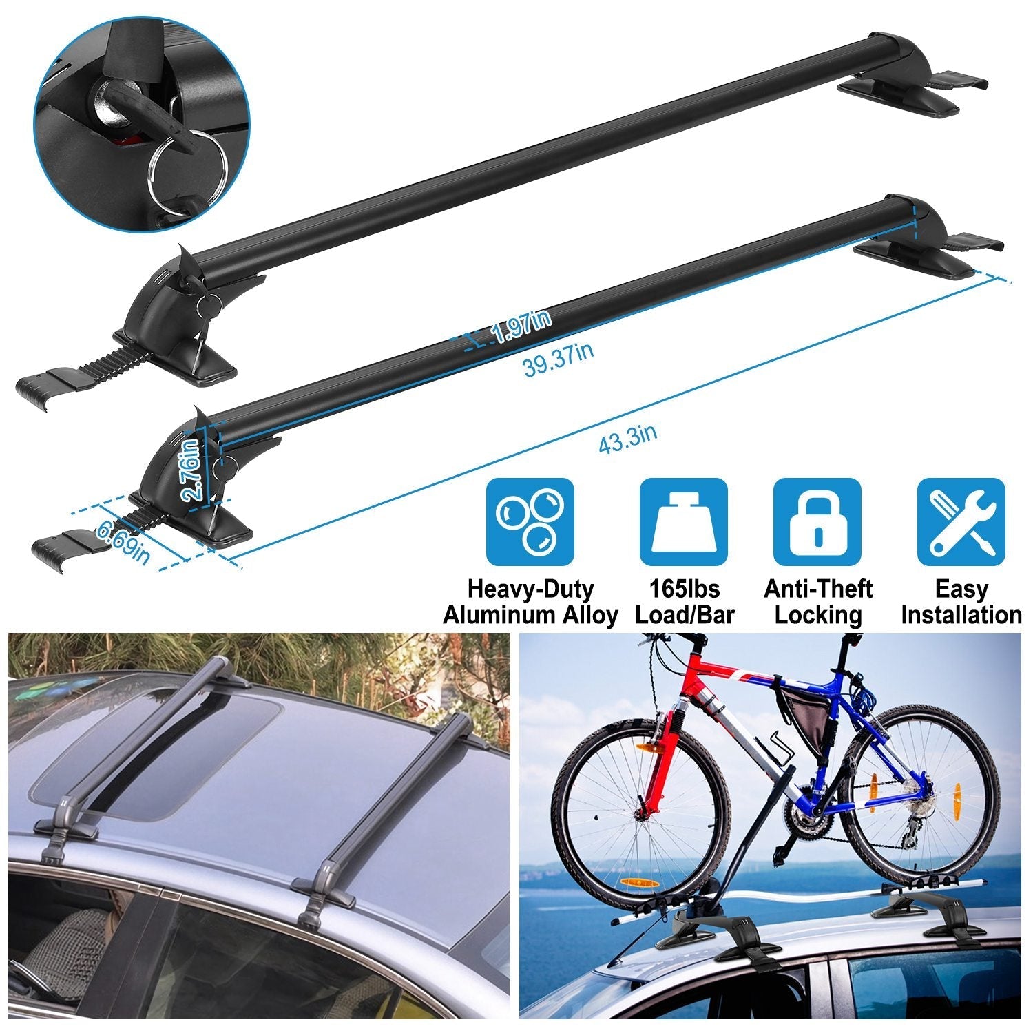 GemGear 2pc car roof rack cross bars 43in with anti-theft locks, heavy-duty aluminum alloy, adjustable clamps on Tampa Home & Garden Store
