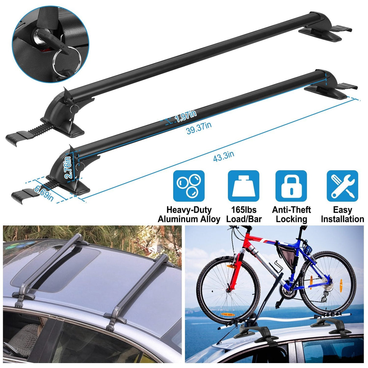 GemGear 2pc universal 43in car roof rack cross bars with anti-theft lock heavy aluminum on Tampa Home & Garden Store