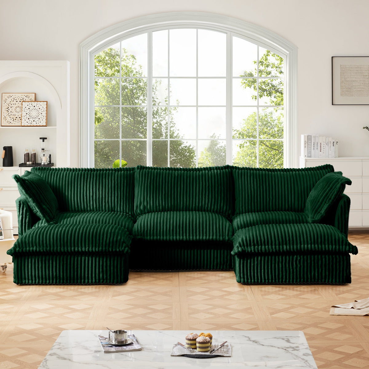 Slipcovered U Shape Corduroy Sofa with Deep Seats