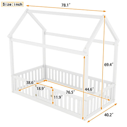 Wood House Bed with Fence and Door Sky Roof