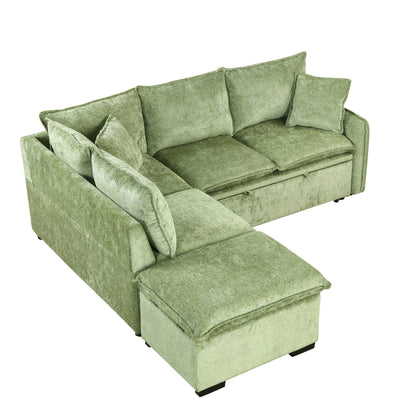 Convertible sleeper sectional sofa in green with storage ottoman and two cushions on Tampa Home & Garden Store