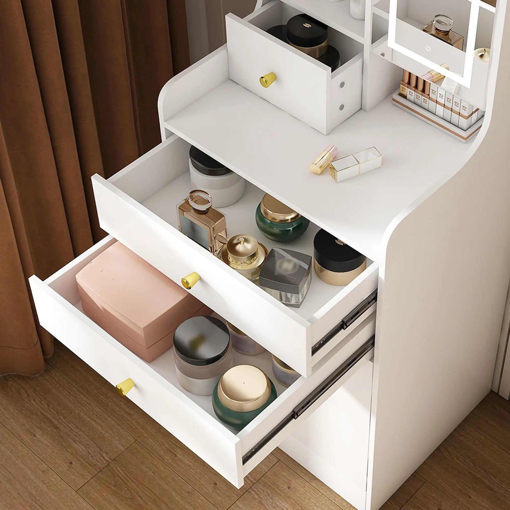 White 3 in 1 dressing table with LED mirror, compact vanity with open cosmetic drawers on Tampa Home & Garden Store