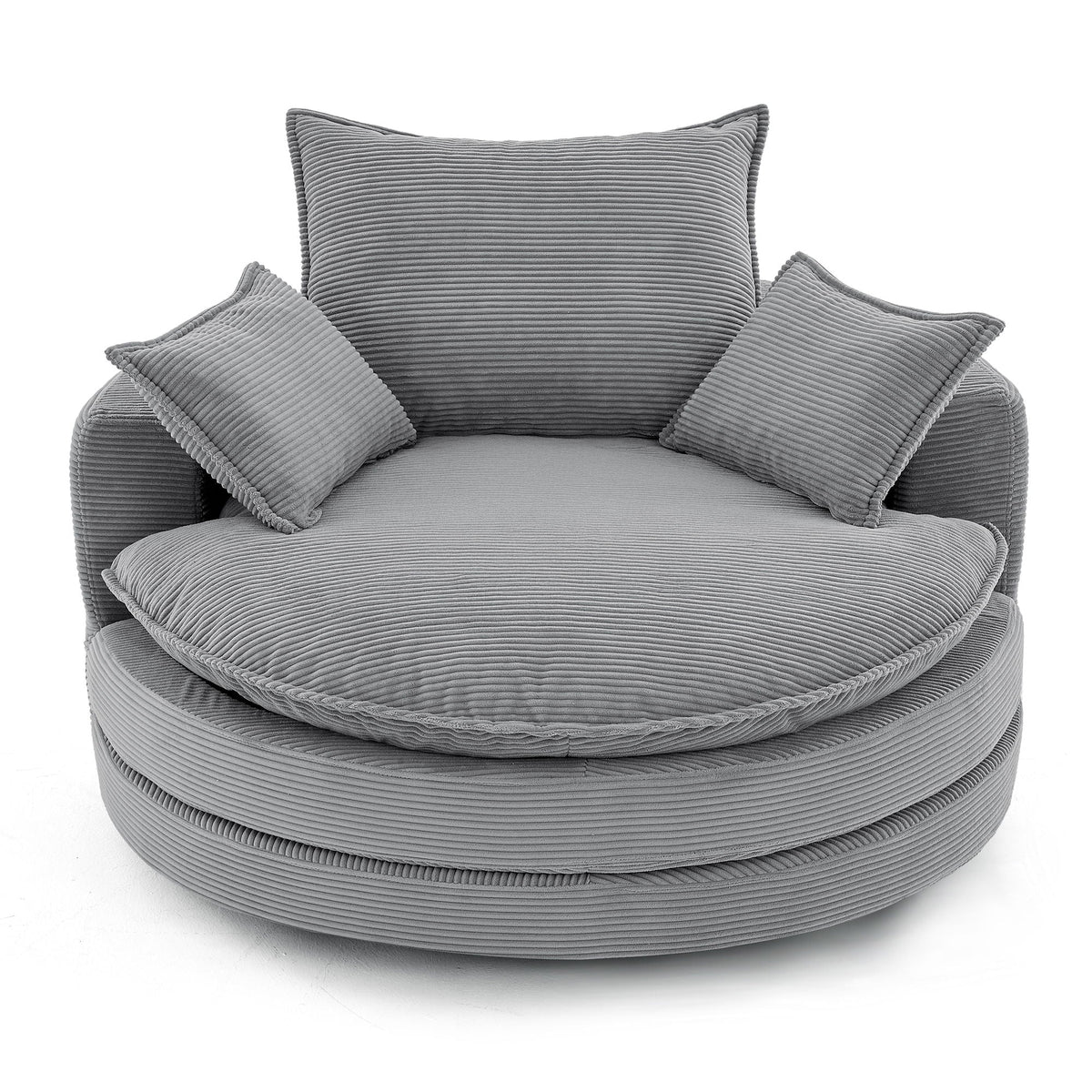 Swivel barrel chair with cushions and pillows in grey corduroy HouseOfZazla swing chair on Tampa Home & Garden Store