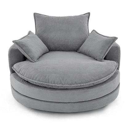 Swivel barrel chair with cushions and pillows in grey corduroy HouseOfZazla swing chair on Tampa Home & Garden Store