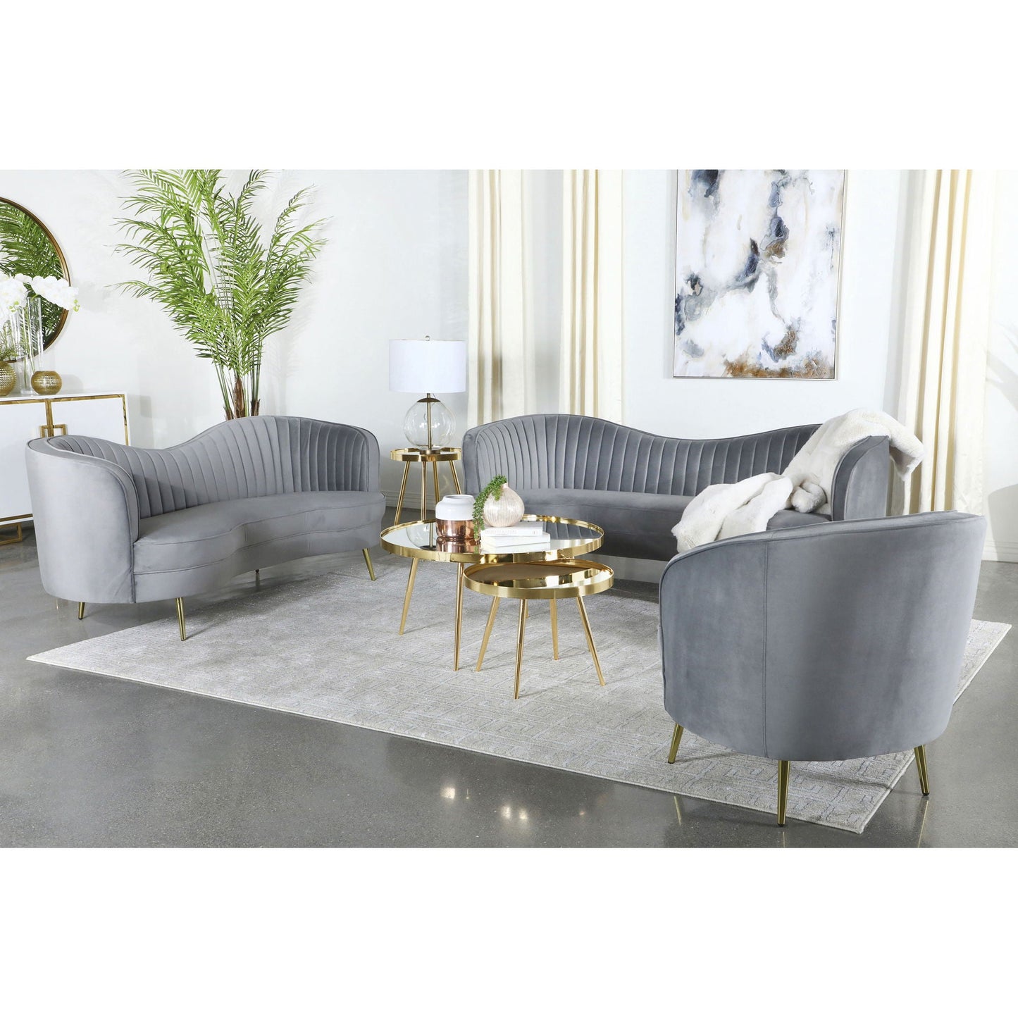 Reigha gray upholstered channel-tufted sofa lounge set, curved with gold legs on Tampa Home & Garden Store