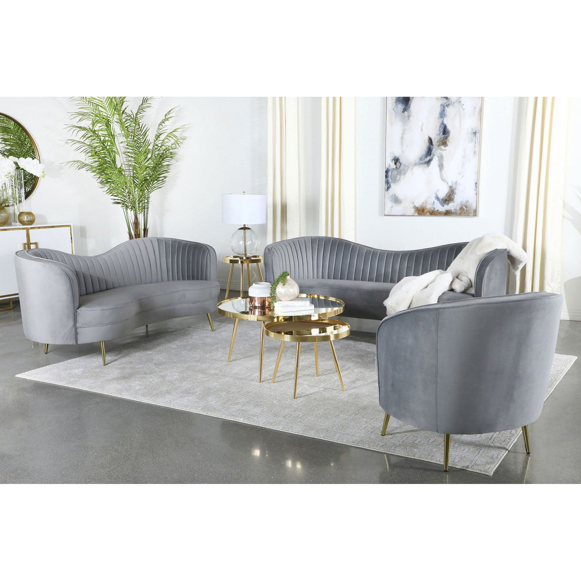 Reigha gray upholstered channel-tufted sofa lounge set, curved with gold legs on Tampa Home & Garden Store