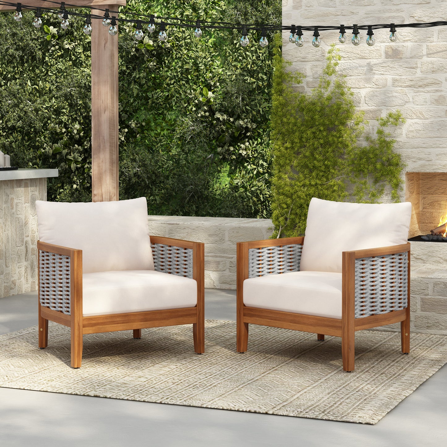 Two Outdoor Tub Armchairs and Woven Rope Design