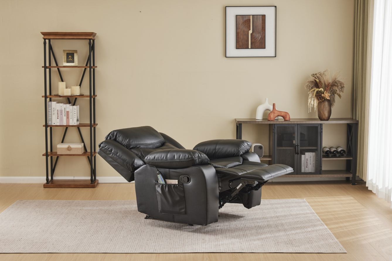 HouseOfZazla black air leather recliner chair with vibration and heating in a living room on Tampa Home & Garden Store