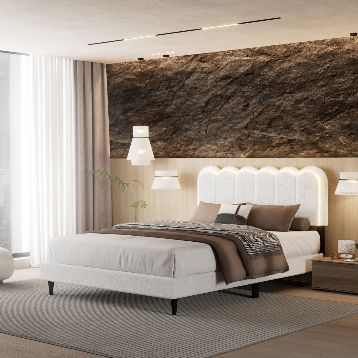 Lambswool Petal Headboard Bed Frame in soft gray upholstery with white petal headboard on Tampa Home & Garden Store