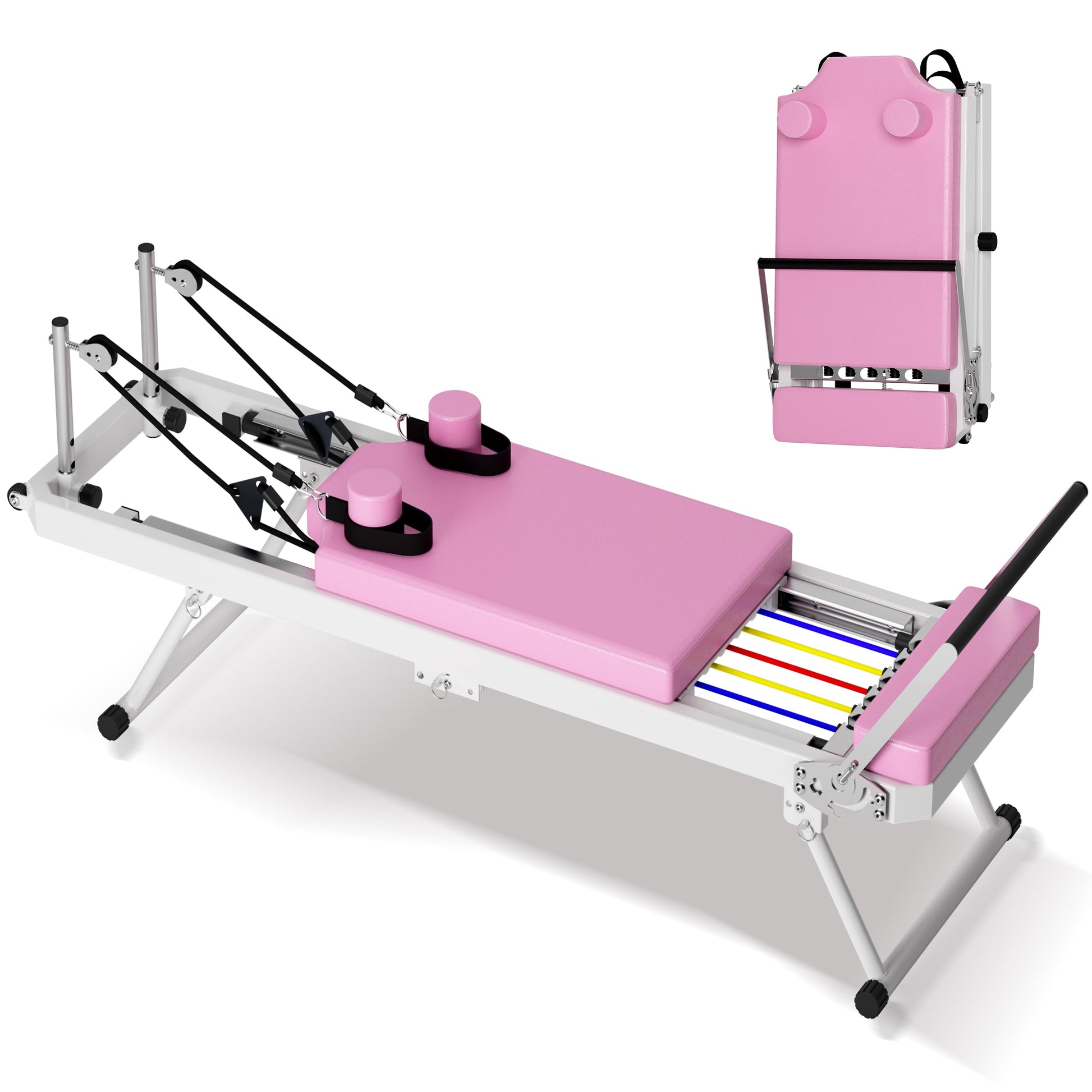 Foldable Pilates Core Bed by HouseOfZazla, pink padded bench on white frame with black straps on Tampa Home & Garden Store