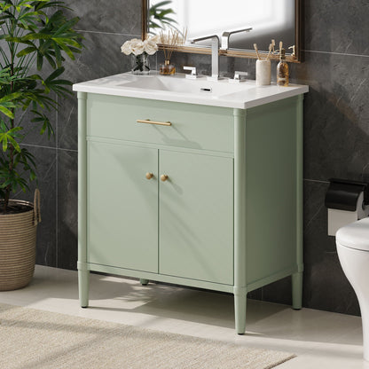 Vanity with sink, mint-green cabinet, white countertop, chrome faucet on Tampa Home & Garden Store