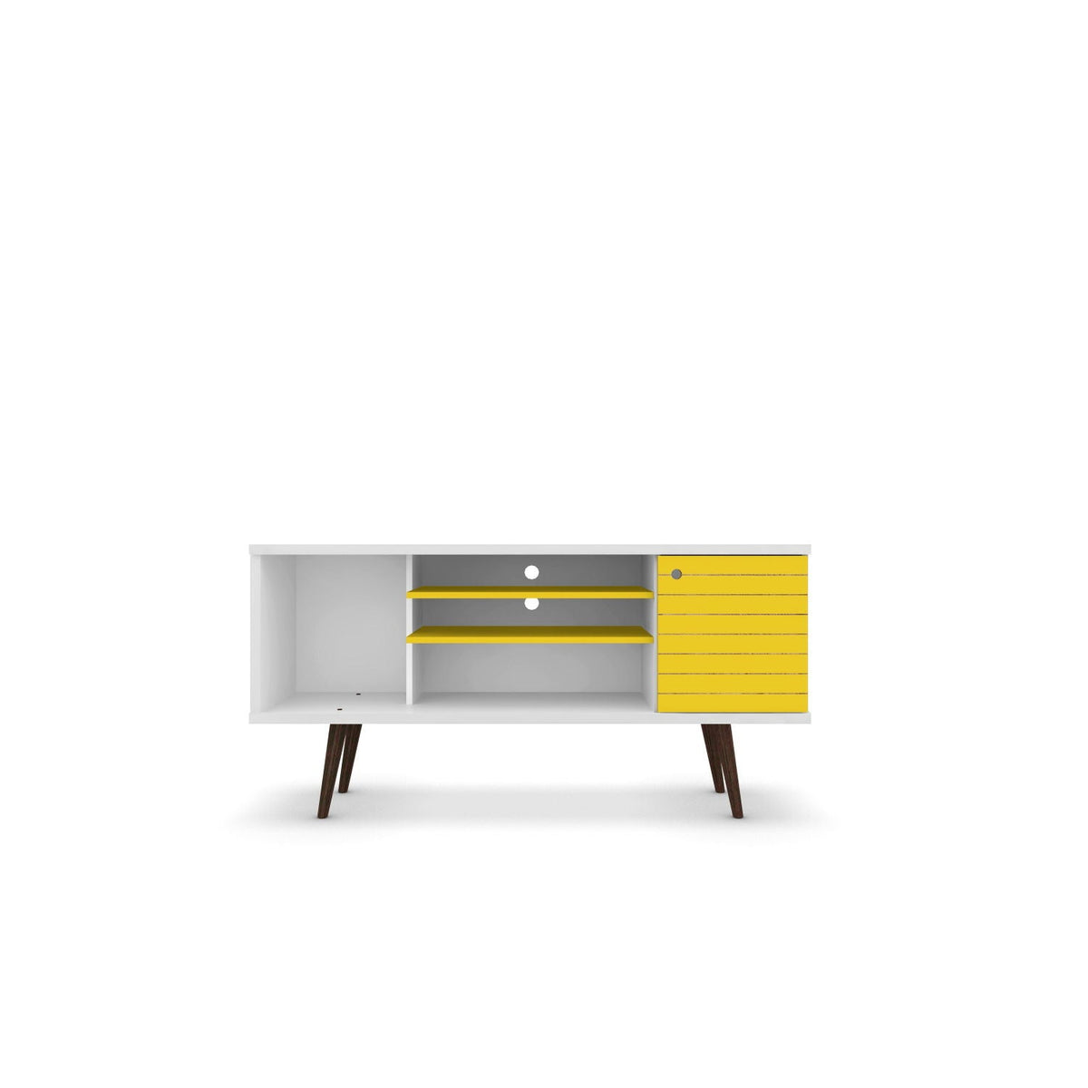 Smart Storage TV Stand with solid wood legs and yellow drawers, white body by HouseOfZazla on Tampa Home & Garden Store