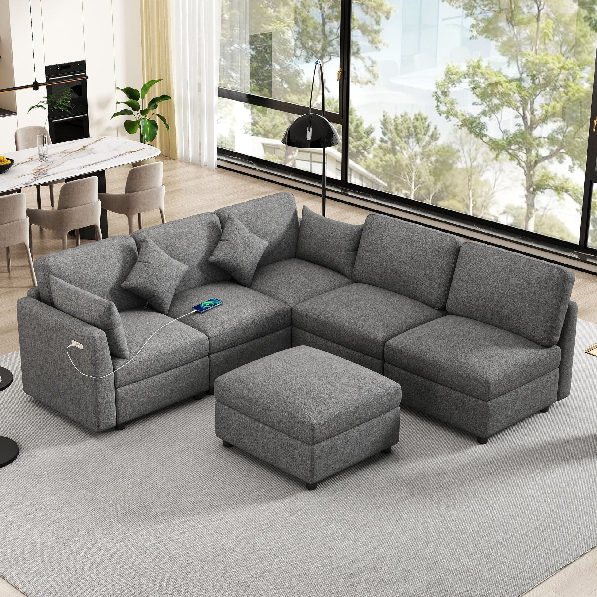 Sectional sofa modular U-shaped with ottoman, grey fabric, USB ports, 2-piece HouseOfZazla on Tampa Home & Garden Store