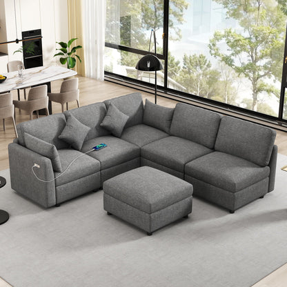Sectional sofa modular U-shaped with ottoman, grey fabric, USB ports, 2-piece HouseOfZazla on Tampa Home & Garden Store