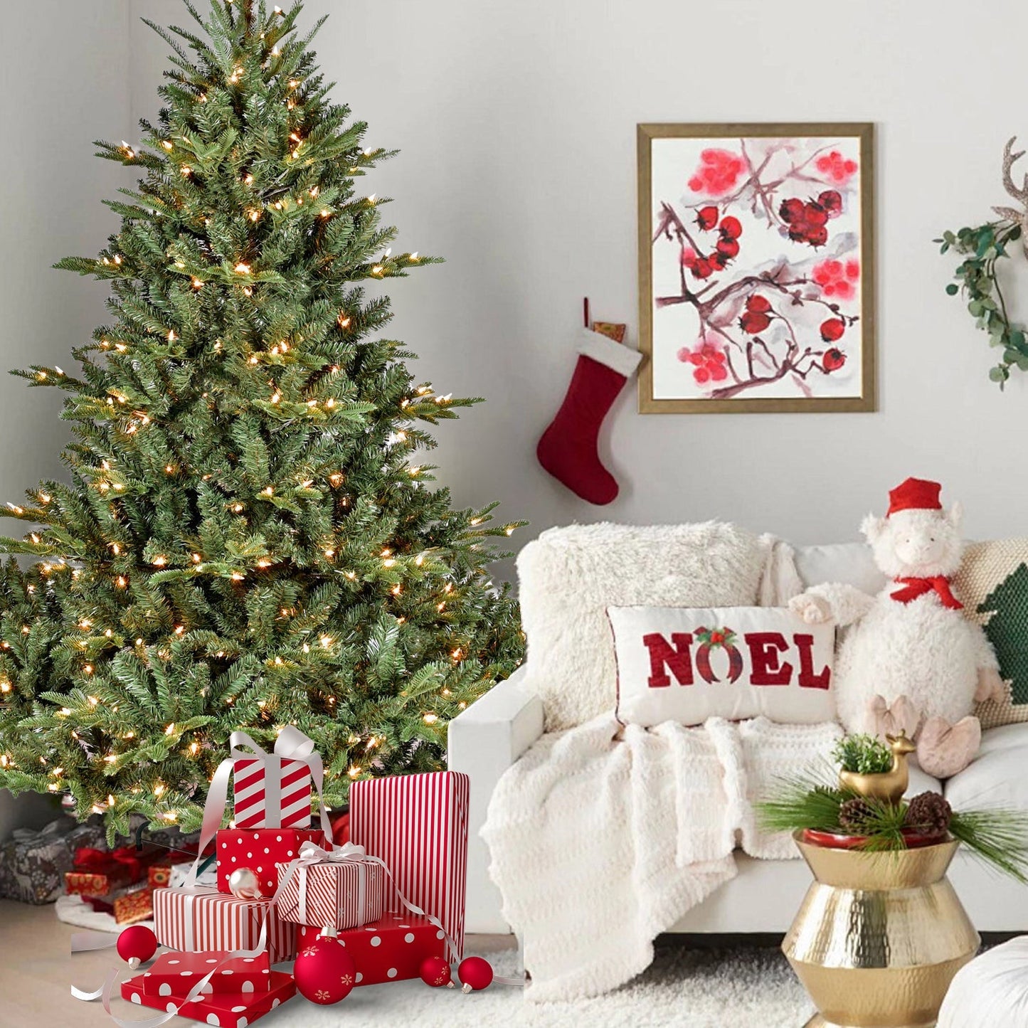 5FT full-bodied pre-lit evergreen Christmas tree with warm white lights and lush green branches in a festive living room by HouseOfZazla on Tampa Home & Garden Store