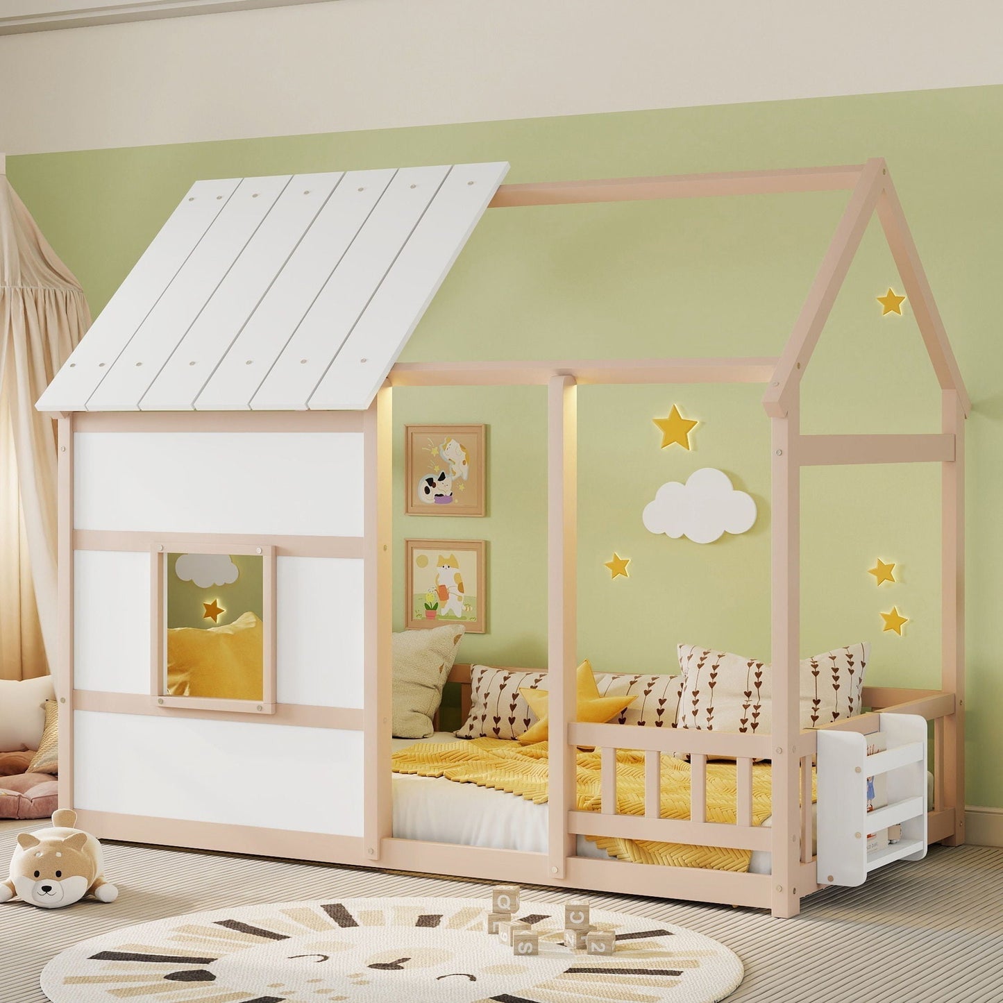 Cozy House Kids Bed with Led Lights and Bookshelf