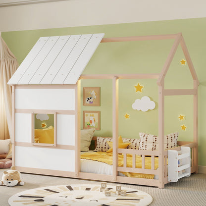 Cozy House Kids Bed with Led Lights and Bookshelf