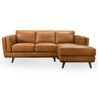 Chase sectional sofa tan leather with chaise, three-seat configuration, tapered wooden legs on Tampa Home & Garden Store