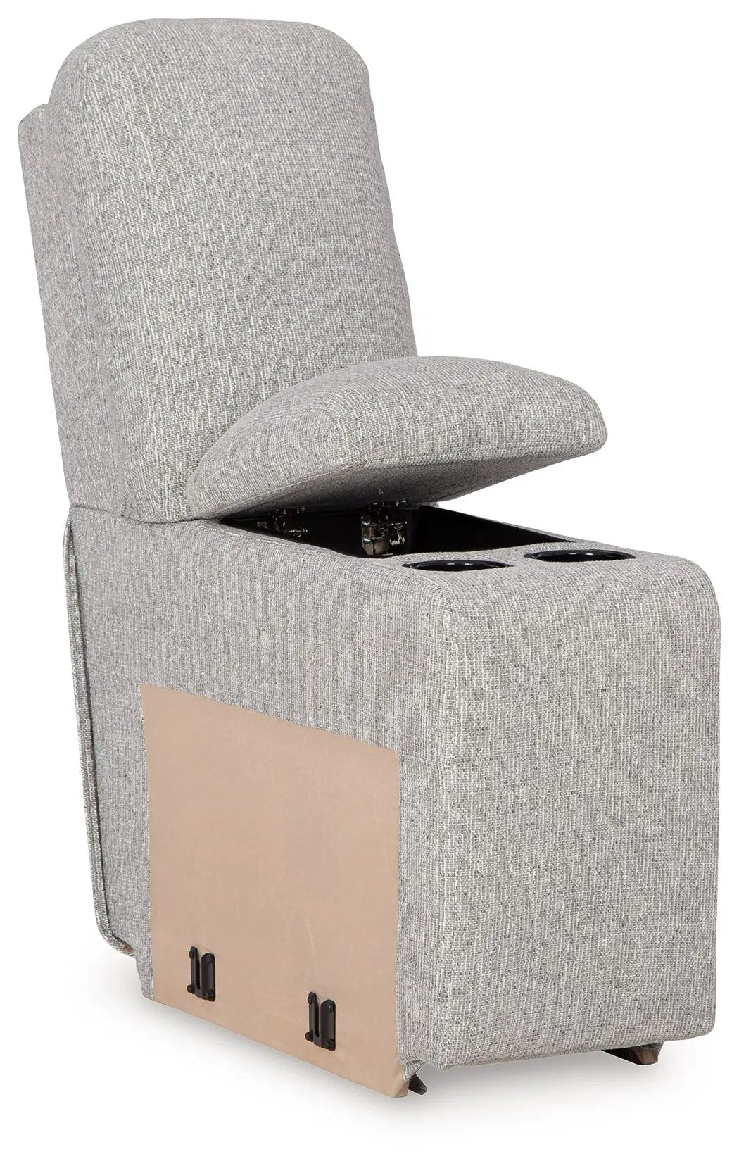 Acklen Place reclining sectional in light gray textured fabric with cup holders and storage on Tampa Home & Garden Store
