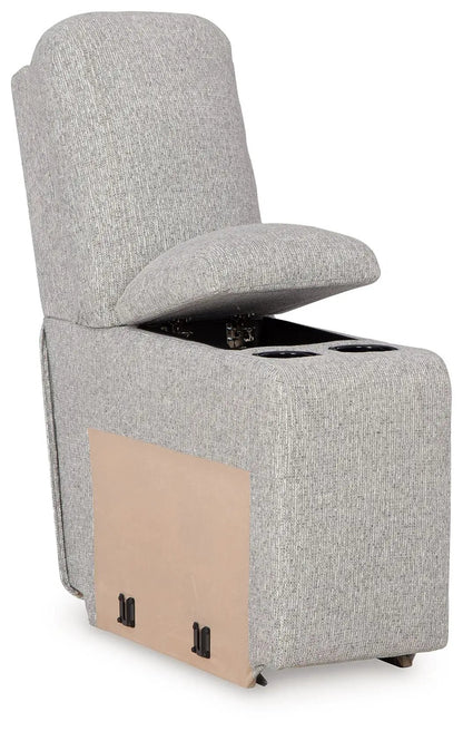 Acklen Place reclining sectional in light gray textured fabric with cup holders and storage on Tampa Home & Garden Store