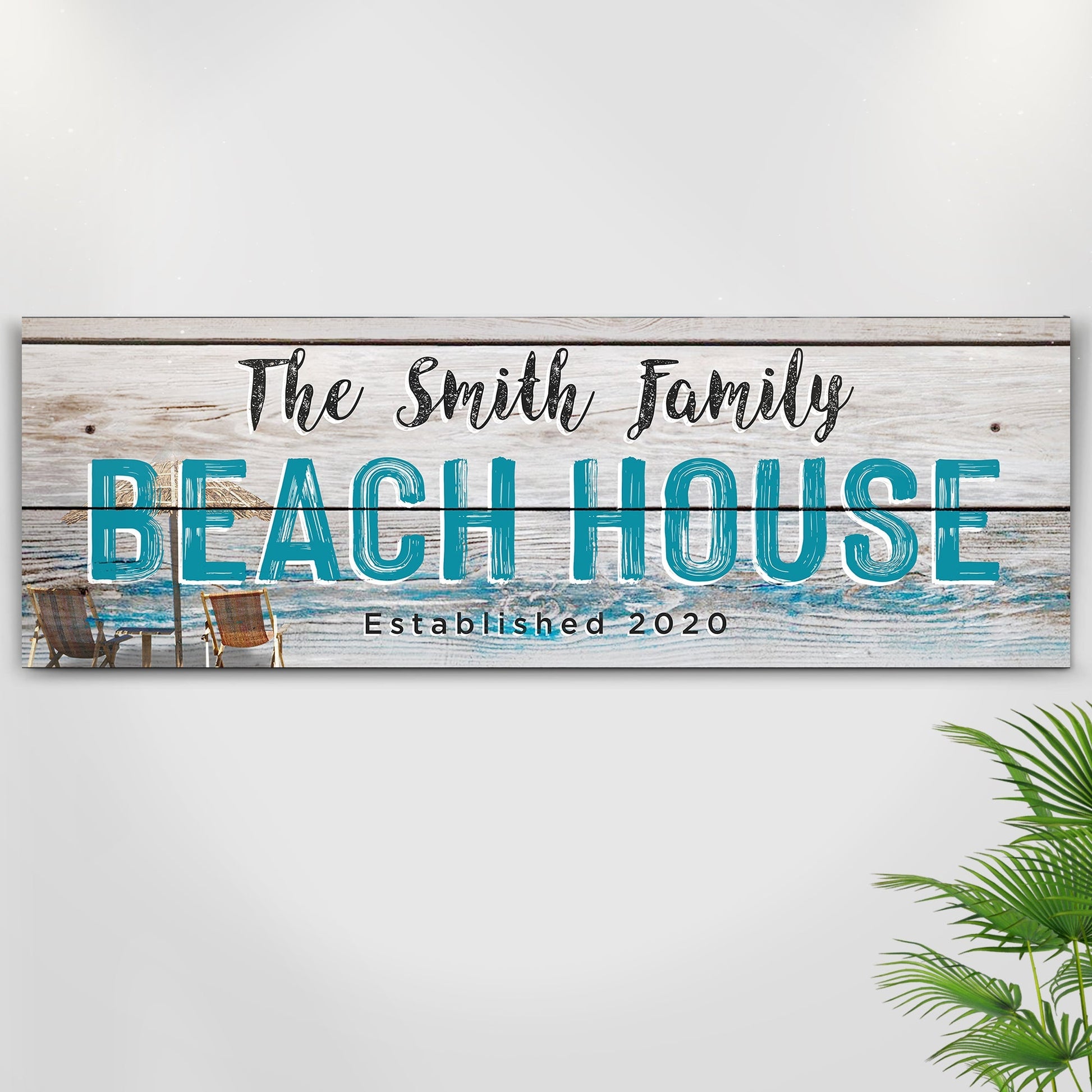 Beach House Sign II canvas by Tailored Canvases; rustic wood plank with teal BEACH HOUSE lettering on Tampa Home & Garden Store