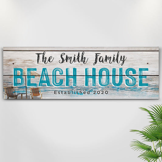 Beach House Sign II canvas by Tailored Canvases; rustic wood plank with teal BEACH HOUSE lettering on Tampa Home & Garden Store