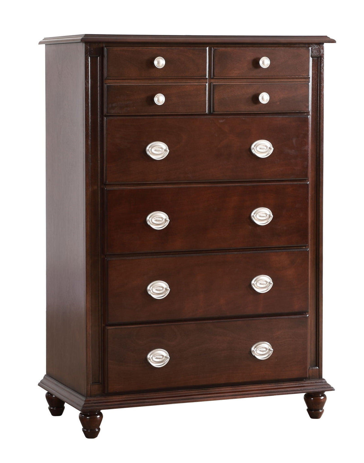 HouseOfZazla dark brown accent chest with wood veneers, silver pulls on Tampa Home & Garden Store
