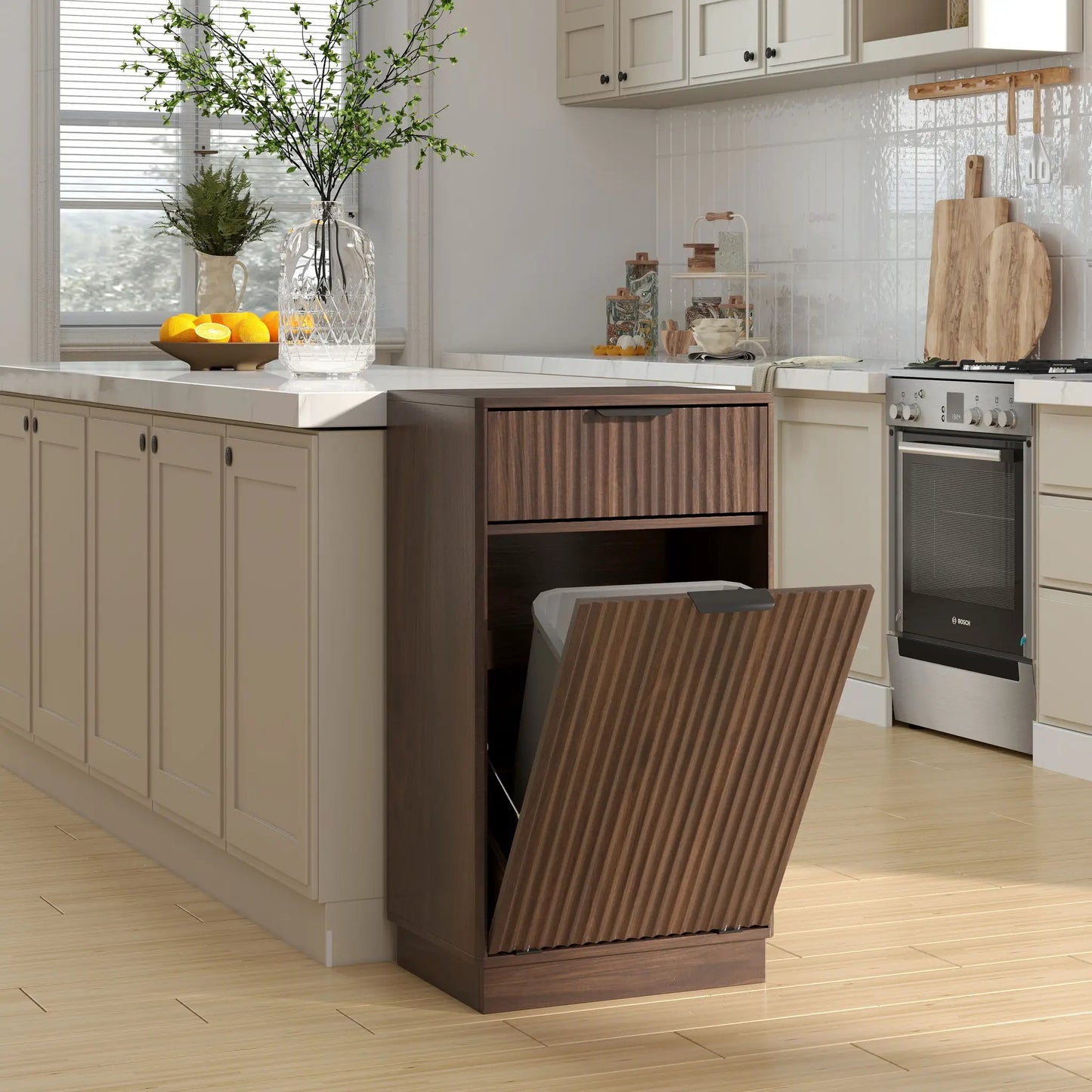 Tilt Out Trash Can Cabinet with wave-textured drawer and pull-out bin in beige cabinets on Tampa Home & Garden Store